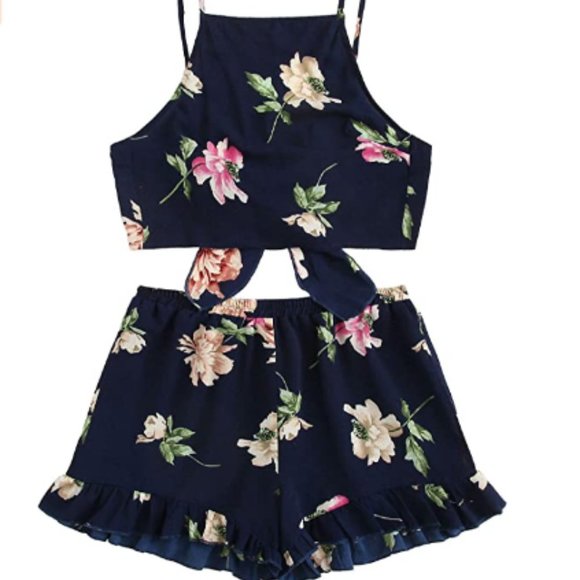 Tops - Women's 2 Piece Boho Floral Print Crop Top+Shorts